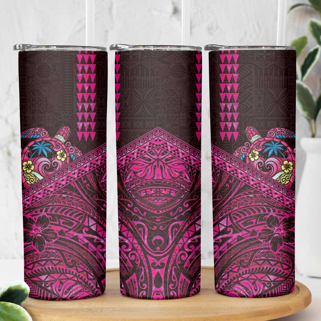 Hawaiian Abstract Sea Turtle Skinny Tumbler Polynesian Tapa Art and Kakau Tattoo Pink WaterColor LT03 - Polynesian Pride