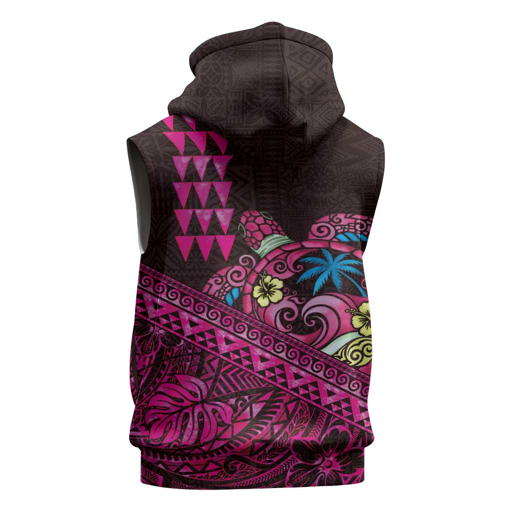 Hawaiian Abstract Sea Turtle Sleeveless Hoodie Polynesian Tapa Art and Kakau Tattoo Pink WaterColor LT03 - Polynesian Pride