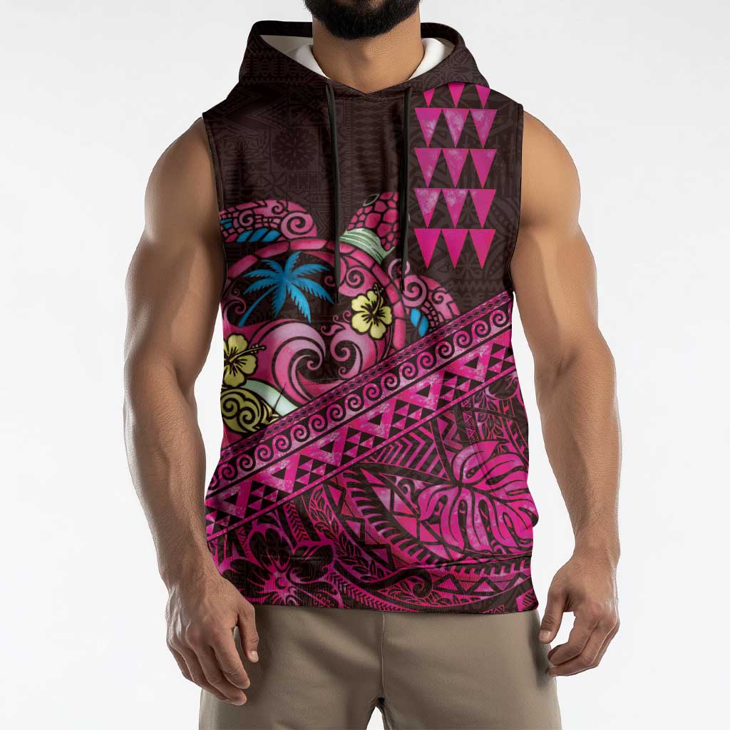 Hawaiian Abstract Sea Turtle Sleeveless Hoodie Polynesian Tapa Art and Kakau Tattoo Pink WaterColor LT03 - Polynesian Pride