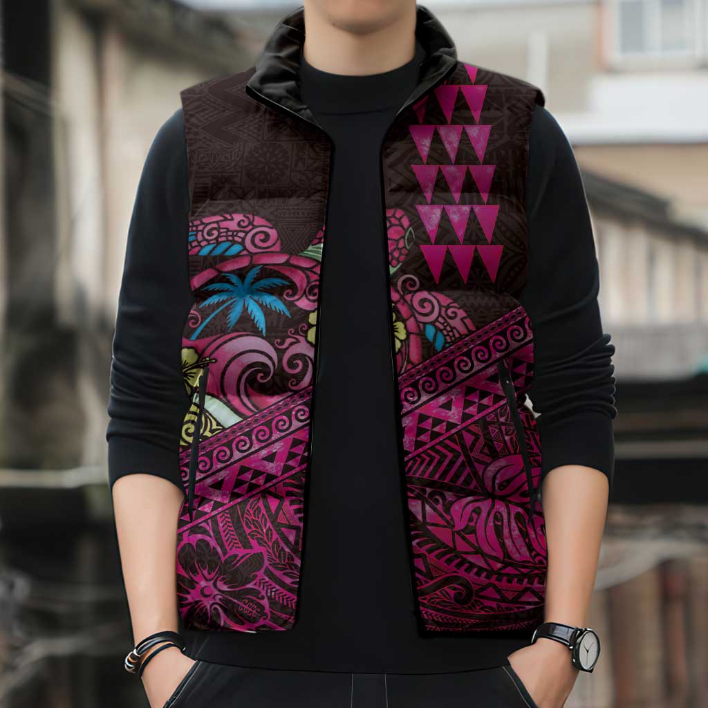 Hawaiian Abstract Sea Turtle Sleeveless Puffer Jacket Polynesian Tapa Art and Kakau Tattoo Pink WaterColor - Polynesian Pride