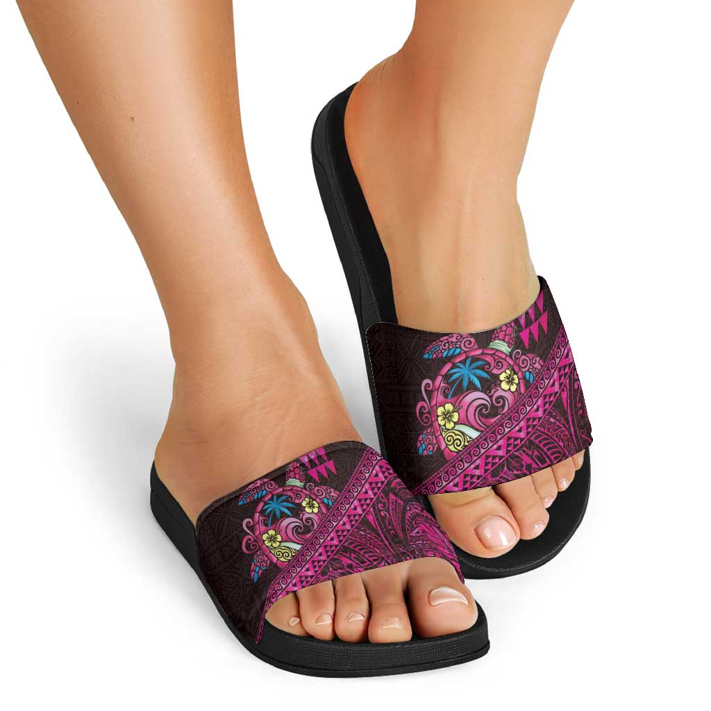 Hawaiian Abstract Sea Turtle Slide Sandals Polynesian Tapa Art and Kakau Tattoo Pink WaterColor - Polynesian Pride