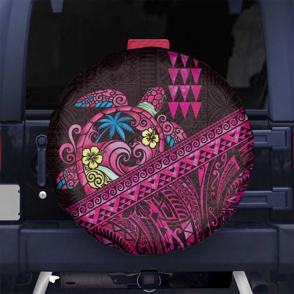 Hawaiian Abstract Sea Turtle Spare Tire Cover Polynesian Tapa Art and Kakau Tattoo Pink WaterColor LT03 No hole Black - Polynesian Pride