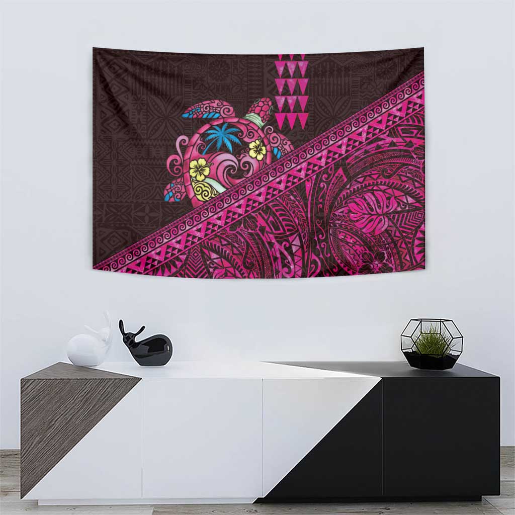Hawaiian Abstract Sea Turtle Tapestry Polynesian Tapa Art and Kakau Tattoo Pink WaterColor - Polynesian Pride