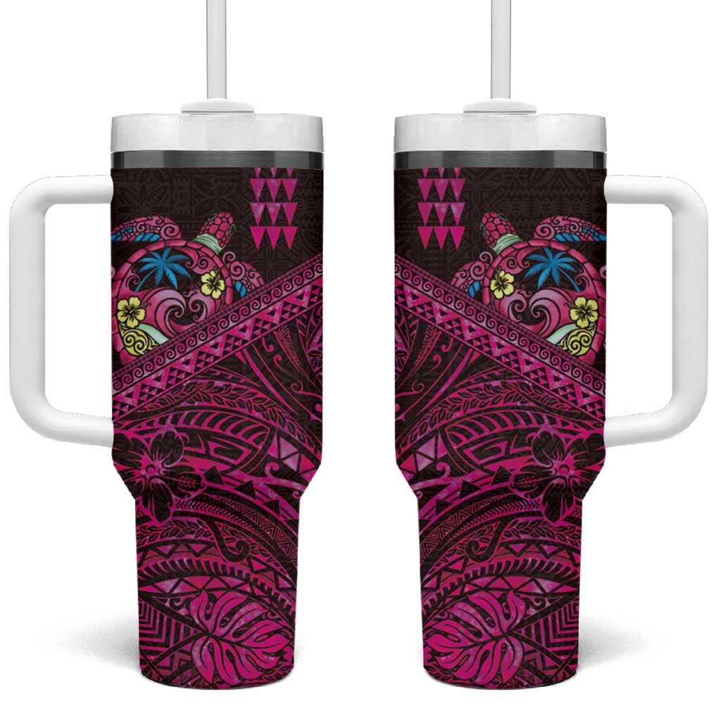 Hawaiian Abstract Sea Turtle Tumbler With Handle Polynesian Tapa Art and Kakau Tattoo Pink WaterColor - Polynesian Pride