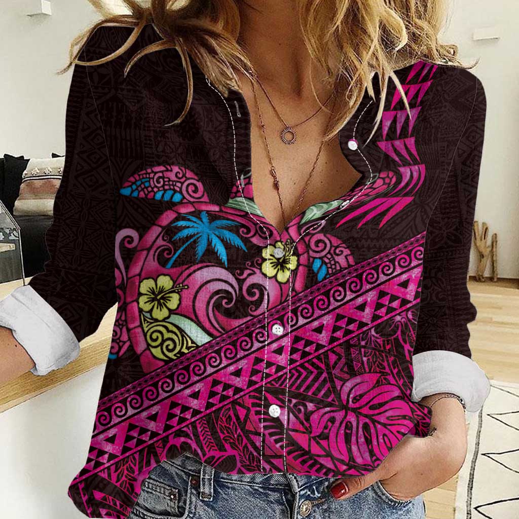 Hawaiian Abstract Sea Turtle Women Casual Shirt Polynesian Tapa Art and Kakau Tattoo Pink WaterColor LT03 Female Black - Polynesian Pride