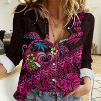 Hawaiian Abstract Sea Turtle Women Casual Shirt Polynesian Tapa Art and Kakau Tattoo Pink WaterColor LT03 Female Black - Polynesian Pride
