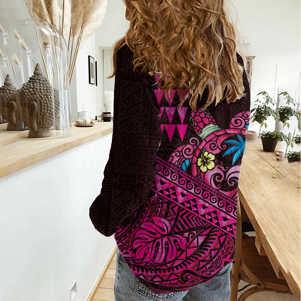 Hawaiian Abstract Sea Turtle Women Casual Shirt Polynesian Tapa Art and Kakau Tattoo Pink WaterColor LT03 - Polynesian Pride