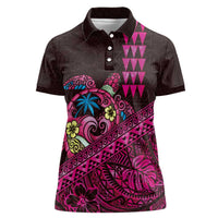 Hawaiian Abstract Sea Turtle Women Polo Shirt Polynesian Tapa Art and Kakau Tattoo Pink WaterColor LT03 Female Black - Polynesian Pride