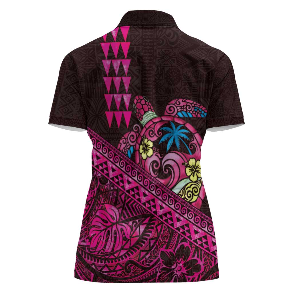 Hawaiian Abstract Sea Turtle Women Polo Shirt Polynesian Tapa Art and Kakau Tattoo Pink WaterColor LT03 - Polynesian Pride