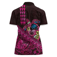 Hawaiian Abstract Sea Turtle Women Polo Shirt Polynesian Tapa Art and Kakau Tattoo Pink WaterColor LT03 - Polynesian Pride