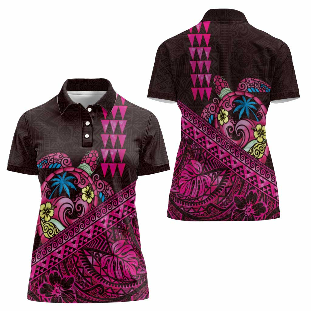 Hawaiian Abstract Sea Turtle Women Polo Shirt Polynesian Tapa Art and Kakau Tattoo Pink WaterColor LT03 - Polynesian Pride