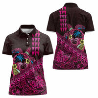 Hawaiian Abstract Sea Turtle Women Polo Shirt Polynesian Tapa Art and Kakau Tattoo Pink WaterColor LT03 - Polynesian Pride