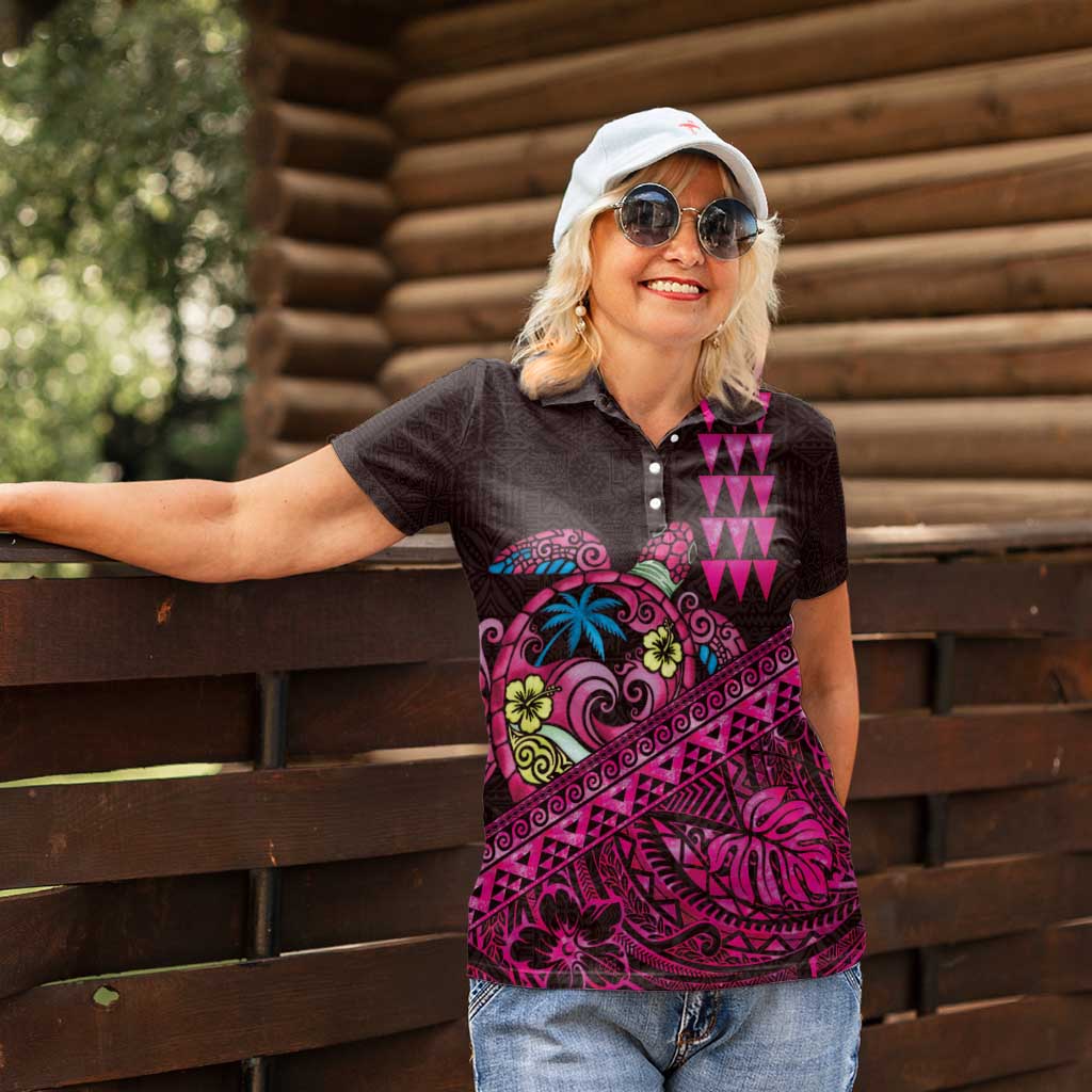 Hawaiian Abstract Sea Turtle Women Polo Shirt Polynesian Tapa Art and Kakau Tattoo Pink WaterColor LT03 - Polynesian Pride
