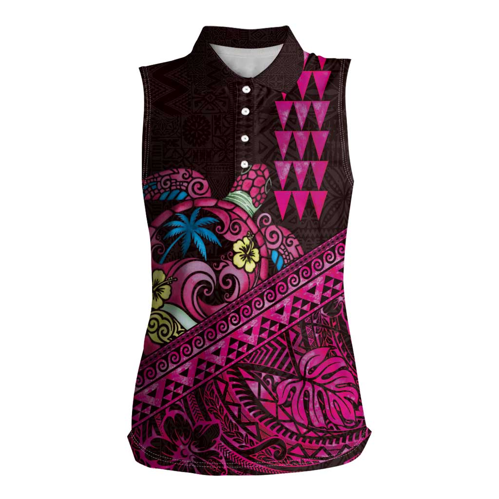Hawaiian Abstract Sea Turtle Women Sleeveless Polo Shirt Polynesian Tapa Art and Kakau Tattoo Pink WaterColor LT03 Female Black - Polynesian Pride