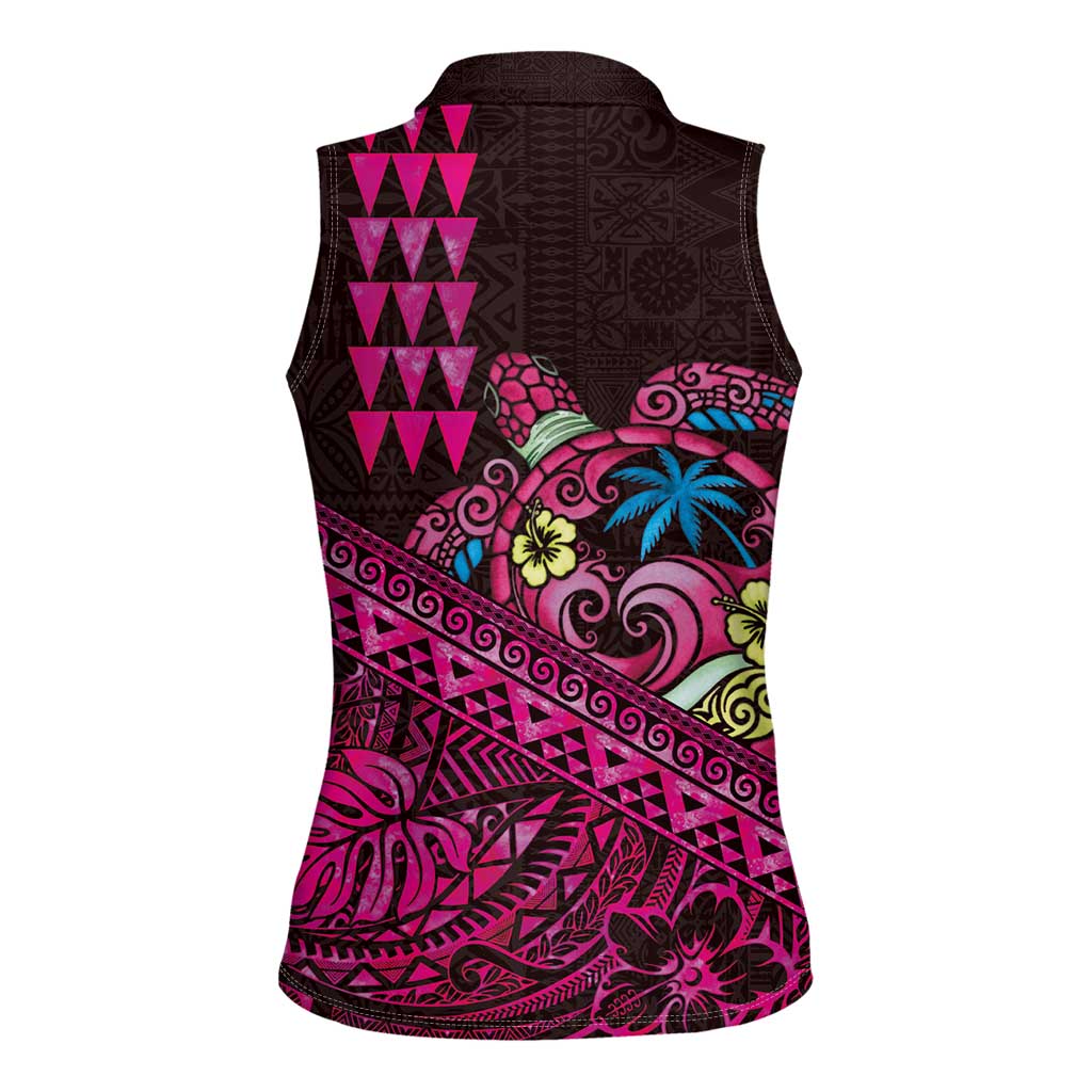 Hawaiian Abstract Sea Turtle Women Sleeveless Polo Shirt Polynesian Tapa Art and Kakau Tattoo Pink WaterColor LT03 - Polynesian Pride