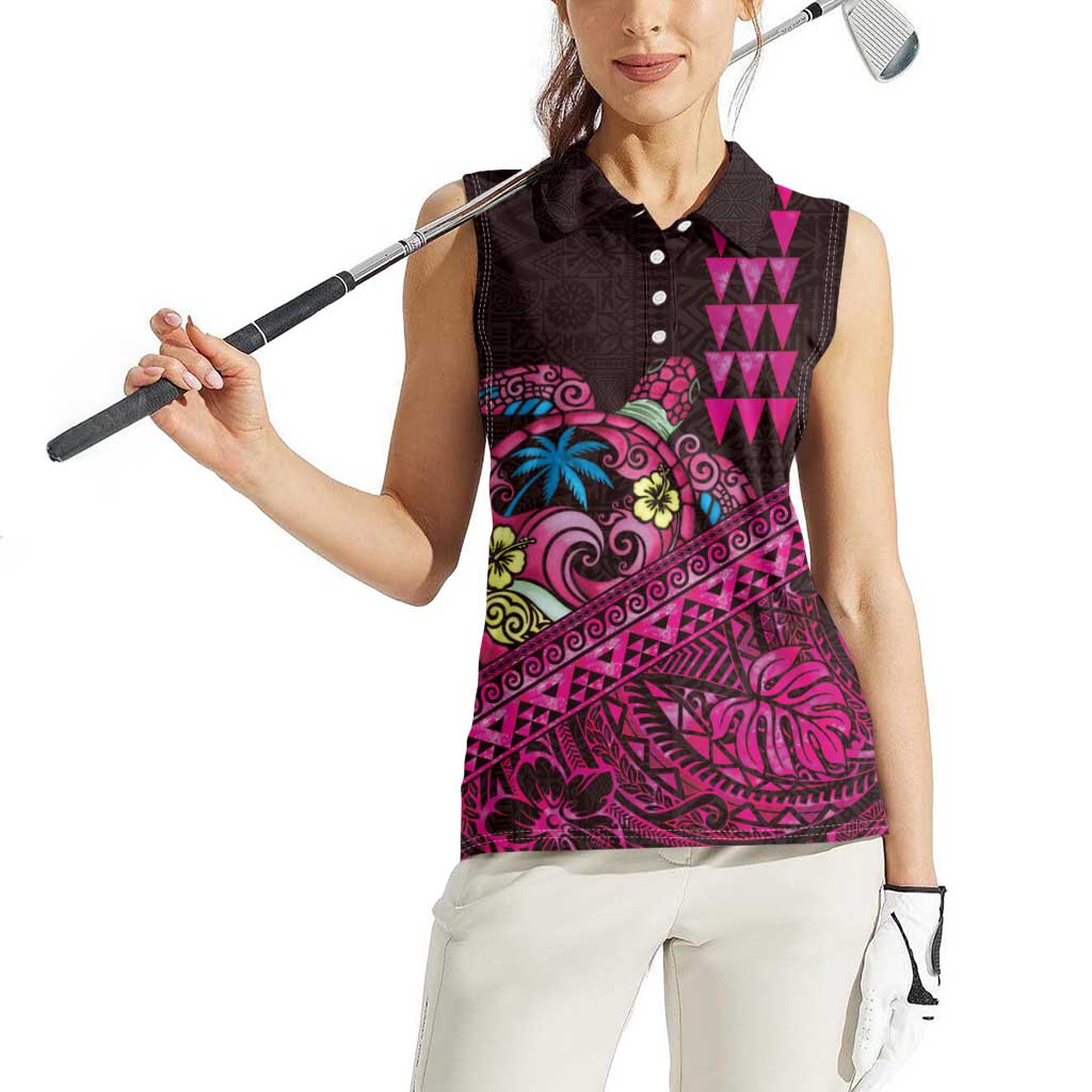 Hawaiian Abstract Sea Turtle Women Sleeveless Polo Shirt Polynesian Tapa Art and Kakau Tattoo Pink WaterColor LT03 - Polynesian Pride