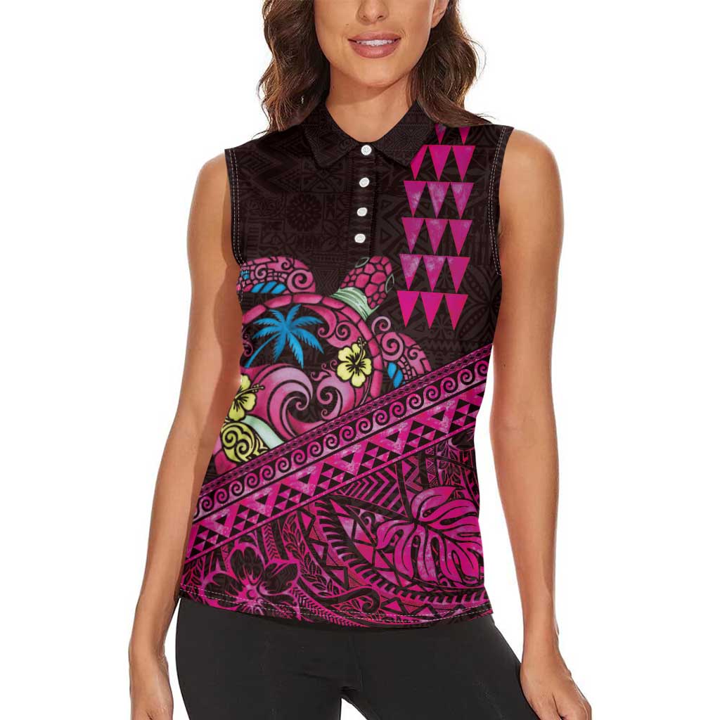 Hawaiian Abstract Sea Turtle Women Sleeveless Polo Shirt Polynesian Tapa Art and Kakau Tattoo Pink WaterColor LT03 - Polynesian Pride