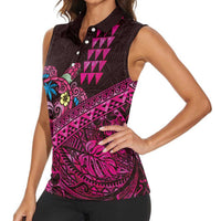 Hawaiian Abstract Sea Turtle Women Sleeveless Polo Shirt Polynesian Tapa Art and Kakau Tattoo Pink WaterColor LT03 - Polynesian Pride