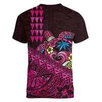 Hawaiian Abstract Sea Turtle Women V-Neck T-Shirt Polynesian Tapa Art and Kakau Tattoo Pink WaterColor LT03 - Polynesian Pride