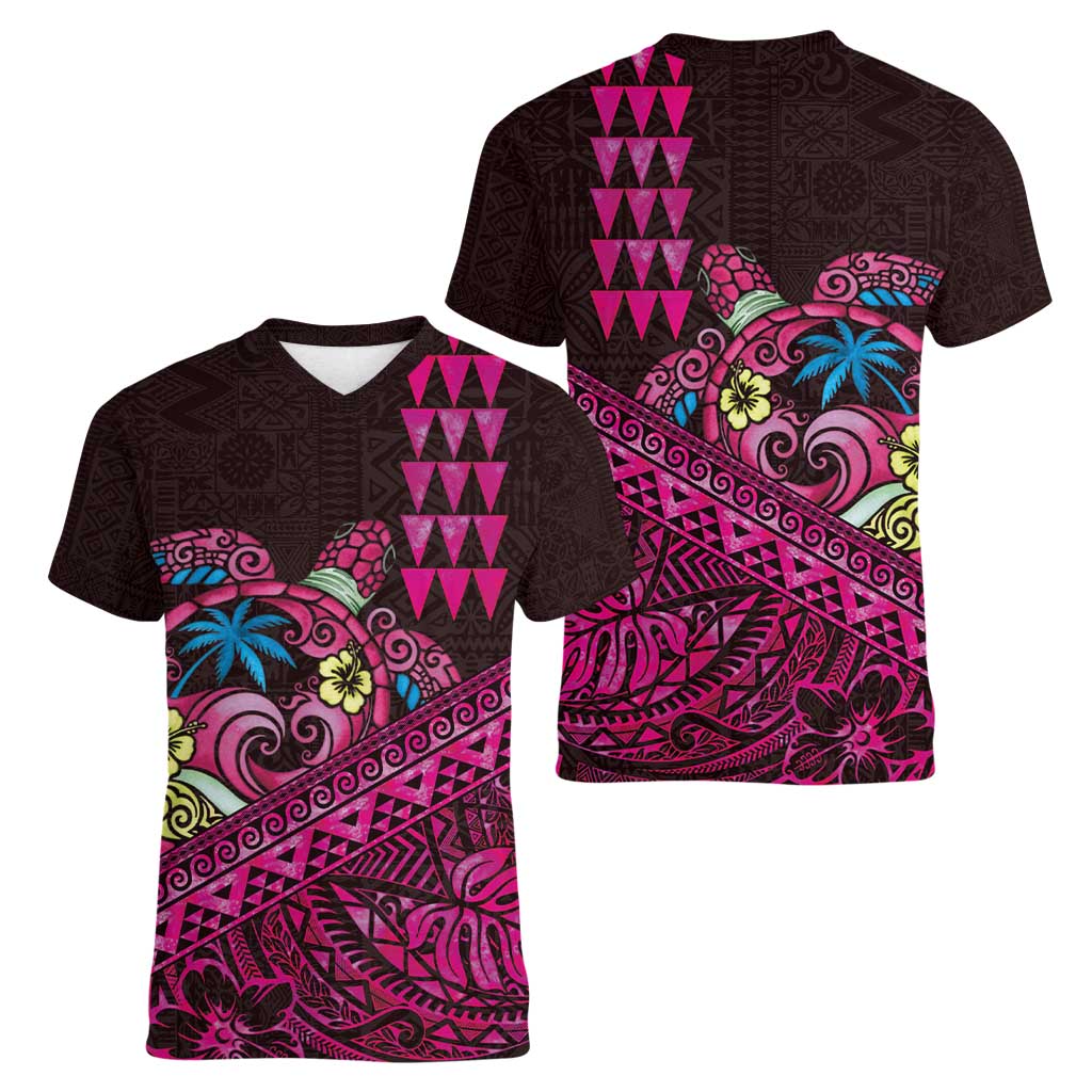 Hawaiian Abstract Sea Turtle Women V-Neck T-Shirt Polynesian Tapa Art and Kakau Tattoo Pink WaterColor LT03 - Polynesian Pride