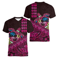 Hawaiian Abstract Sea Turtle Women V-Neck T-Shirt Polynesian Tapa Art and Kakau Tattoo Pink WaterColor LT03 - Polynesian Pride