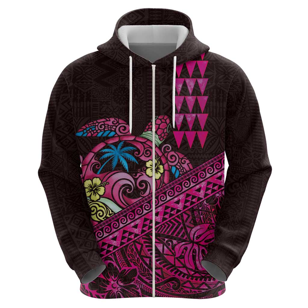 Hawaiian Abstract Sea Turtle Zip Hoodie Polynesian Tapa Art and Kakau Tattoo Pink WaterColor LT03 - Polynesian Pride