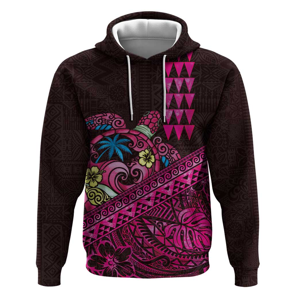 Hawaiian Abstract Sea Turtle Zip Hoodie Polynesian Tapa Art and Kakau Tattoo Pink WaterColor LT03 Pullover Hoodie Black - Polynesian Pride