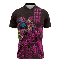 Hawaiian Abstract Sea Turtle Zipper Polo Shirt Polynesian Tapa Art and Kakau Tattoo Pink WaterColor LT03 Black - Polynesian Pride