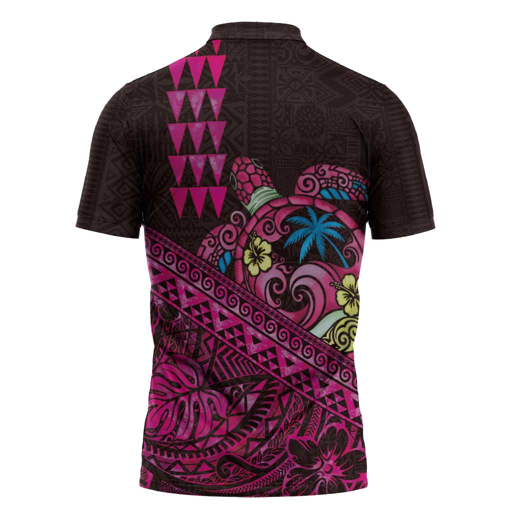 Hawaiian Abstract Sea Turtle Zipper Polo Shirt Polynesian Tapa Art and Kakau Tattoo Pink WaterColor LT03 - Polynesian Pride