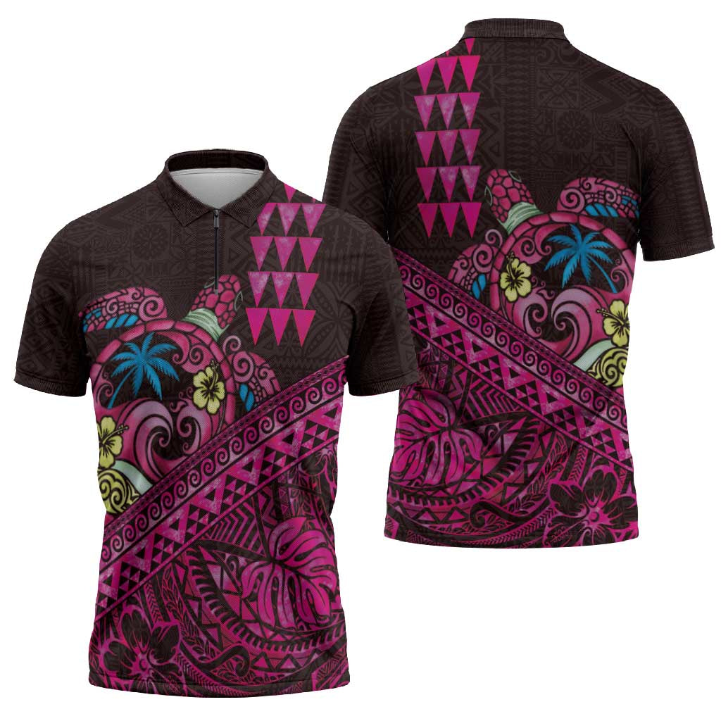 Hawaiian Abstract Sea Turtle Zipper Polo Shirt Polynesian Tapa Art and Kakau Tattoo Pink WaterColor LT03 - Polynesian Pride