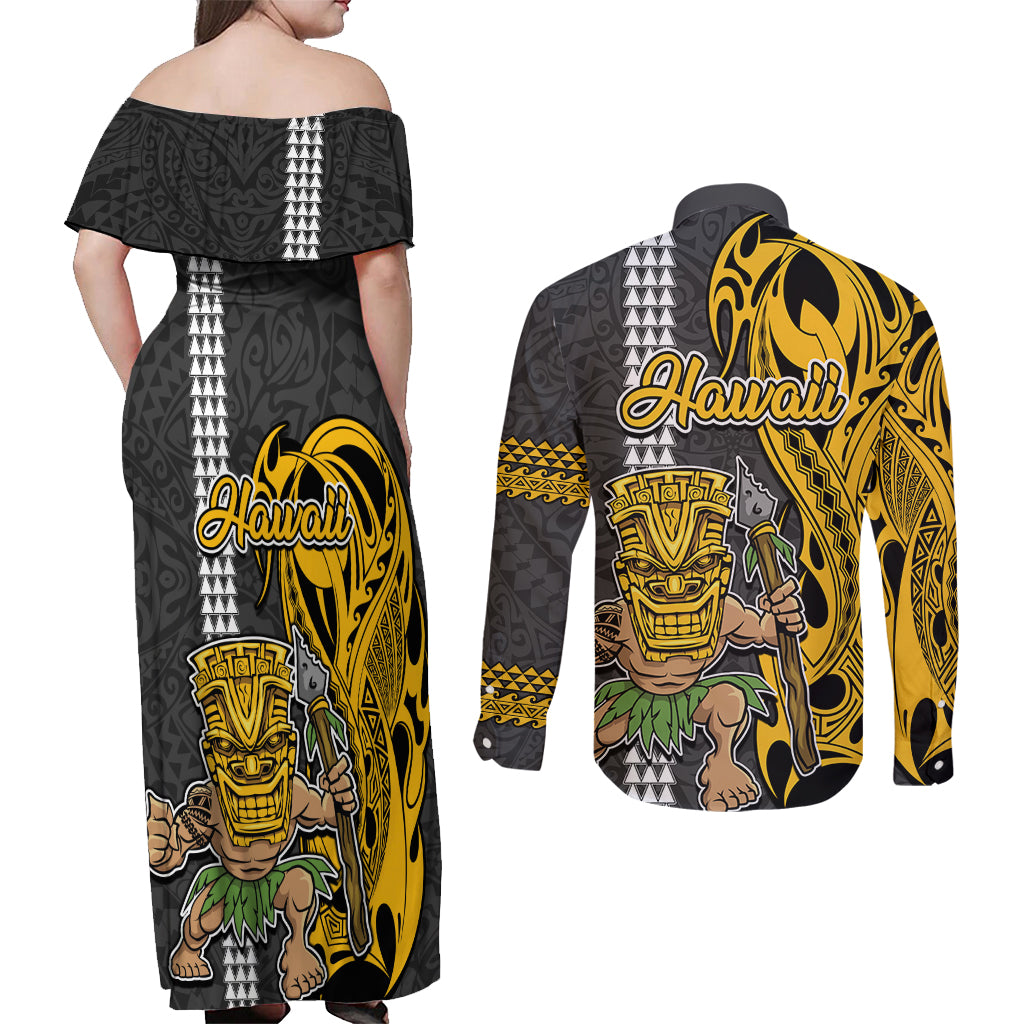 Hawaii Island Couples Matching Off Shoulder Maxi Dress and Long Sleeve Button Shirts Hawaiian Warrior and Kakau Symbols Abstract Tattoo LT03 - Polynesian Pride