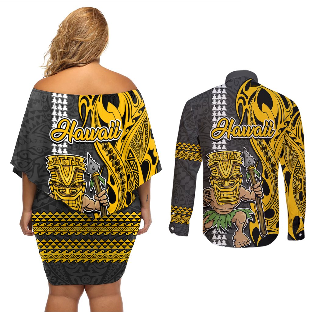 Hawaii Island Couples Matching Off Shoulder Short Dress and Long Sleeve Button Shirts Hawaiian Warrior and Kakau Symbols Abstract Tattoo LT03 - Polynesian Pride