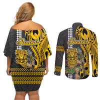 Hawaii Island Couples Matching Off Shoulder Short Dress and Long Sleeve Button Shirts Hawaiian Warrior and Kakau Symbols Abstract Tattoo LT03 - Polynesian Pride