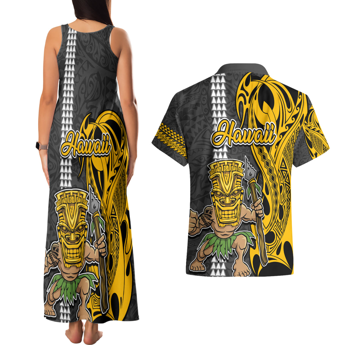 Hawaii Island Couples Matching Tank Maxi Dress and Hawaiian Shirt Hawaiian Warrior and Kakau Symbols Abstract Tattoo LT03 - Polynesian Pride