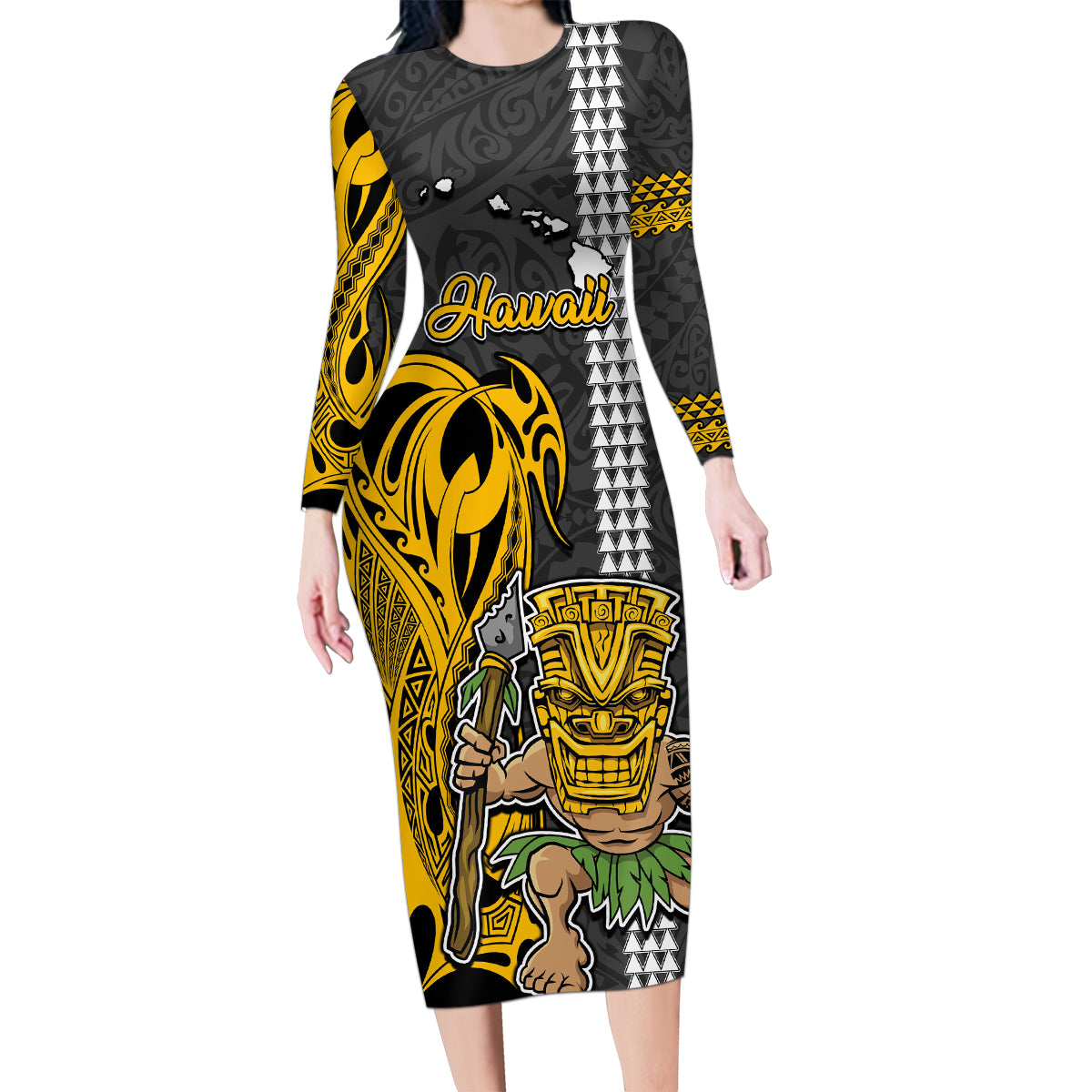 Hawaii Island Family Matching Long Sleeve Bodycon Dress and Hawaiian Shirt Hawaiian Warrior and Kakau Symbols Abstract Tattoo LT03 Mom's Dress Yellow - Polynesian Pride
