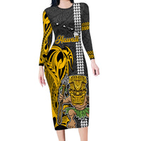 Hawaii Island Family Matching Long Sleeve Bodycon Dress and Hawaiian Shirt Hawaiian Warrior and Kakau Symbols Abstract Tattoo LT03 Mom's Dress Yellow - Polynesian Pride