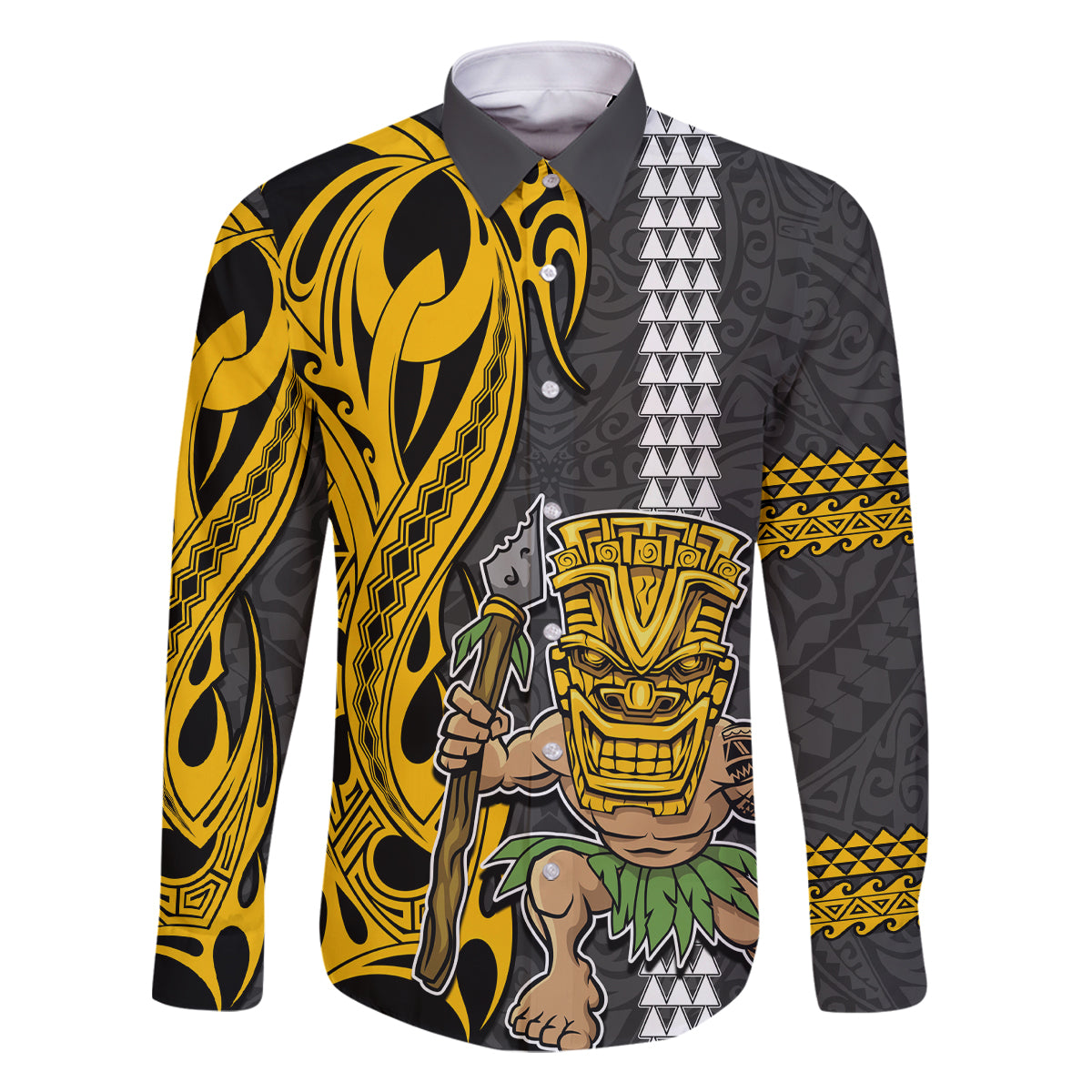 Hawaii Island Family Matching Summer Maxi Dress and Hawaiian Shirt Hawaiian Warrior and Kakau Symbols Abstract Tattoo LT03 Dad's Shirt - Long Sleeve Yellow - Polynesian Pride