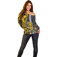 Hawaii Island Off Shoulder Sweater Hawaiian Warrior and Kakau Symbols Abstract Tattoo LT03 - Polynesian Pride