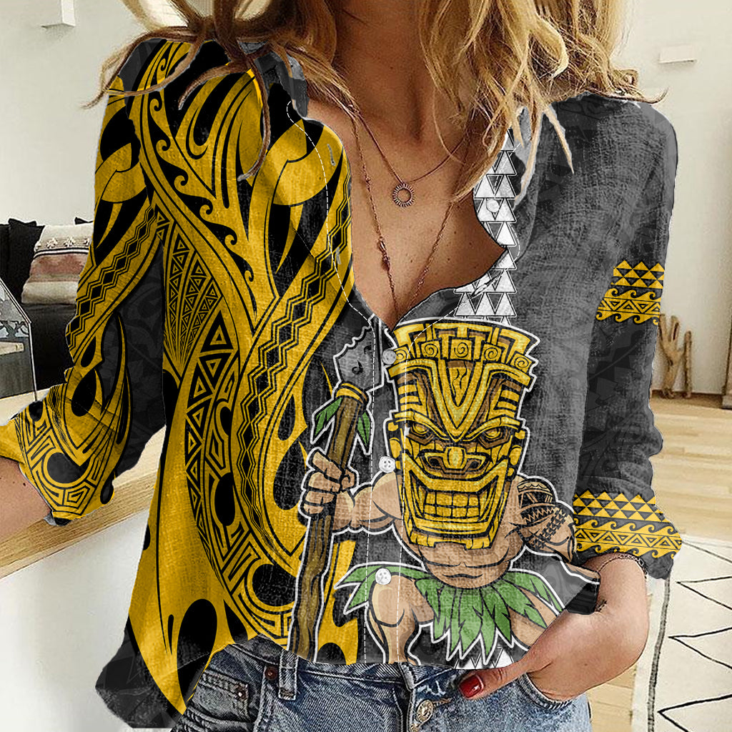 Hawaii Island Women Casual Shirt Hawaiian Warrior and Kakau Symbols Abstract Tattoo LT03 Female Yellow - Polynesian Pride