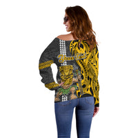 Custom Hawaii Island Off Shoulder Sweater Hawaiian Warrior and Kakau Symbols Abstract Tattoo LT03 - Polynesian Pride