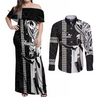 Hawaii Island Couples Matching Off Shoulder Maxi Dress and Long Sleeve Button Shirts Hawaiian King and Kakau Symbols Abstract Shoulder Tattoo LT03 Black - Polynesian Pride