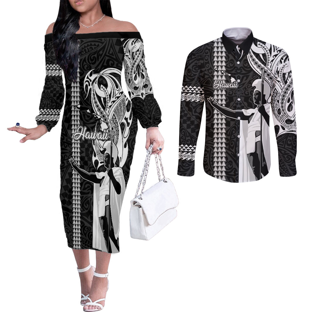 Hawaii Island Couples Matching Off The Shoulder Long Sleeve Dress and Long Sleeve Button Shirts Hawaiian King and Kakau Symbols Abstract Shoulder Tattoo LT03 Black - Polynesian Pride
