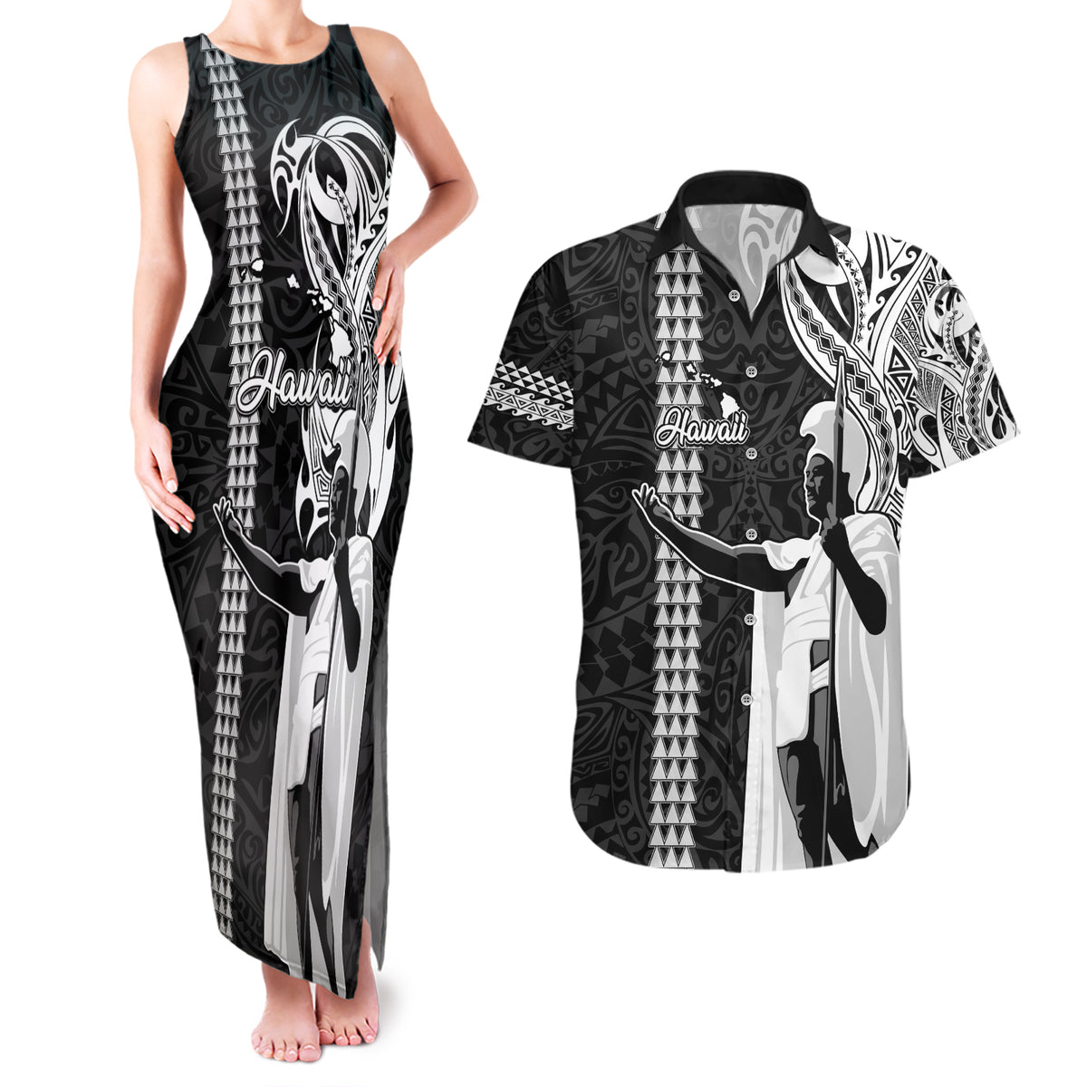 Hawaii Island Couples Matching Tank Maxi Dress and Hawaiian Shirt Hawaiian King and Kakau Symbols Abstract Shoulder Tattoo LT03 Black - Polynesian Pride