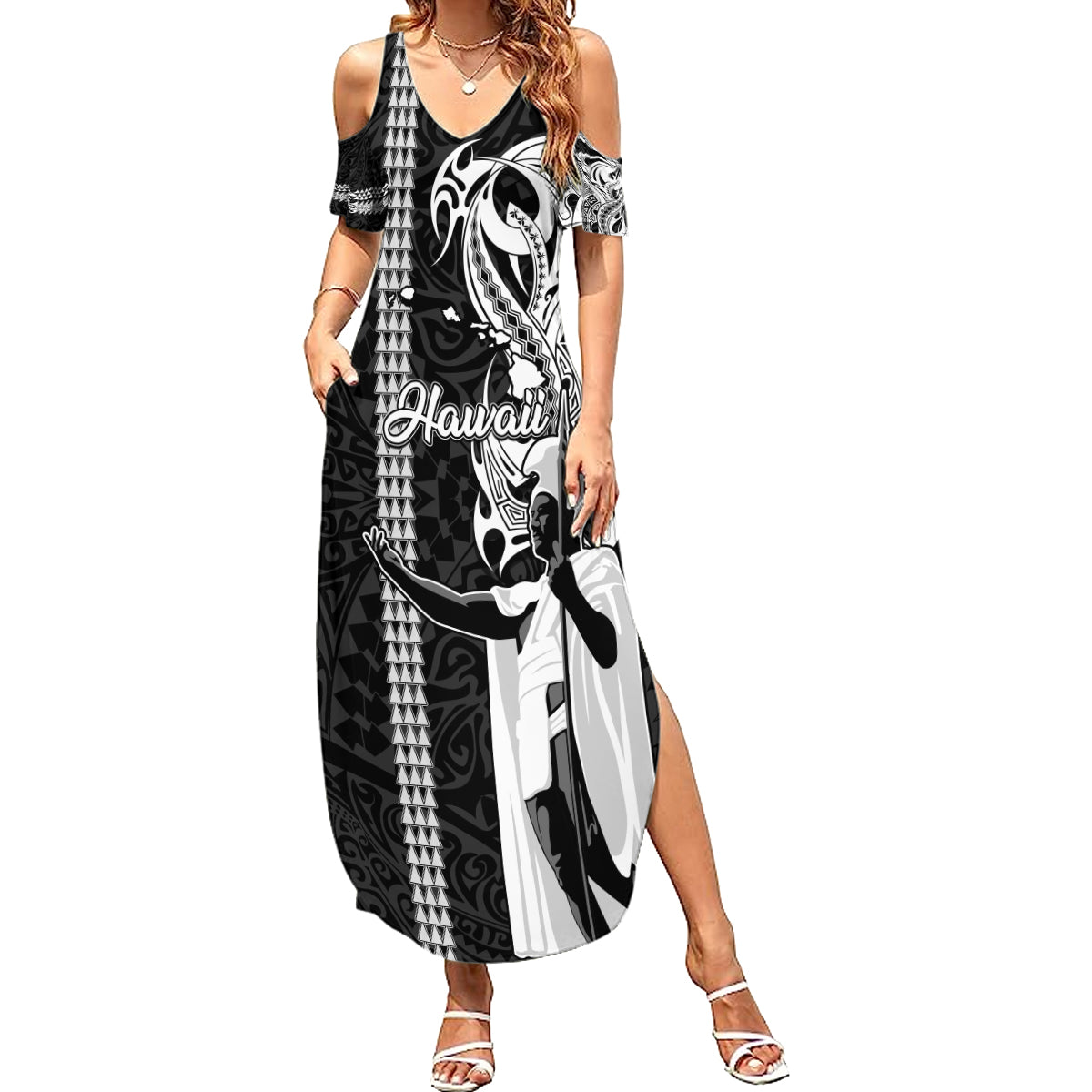 Hawaii Island Family Matching Summer Maxi Dress and Hawaiian Shirt Hawaiian King and Kakau Symbols Abstract Shoulder Tattoo LT03 Mom's Dress Black - Polynesian Pride