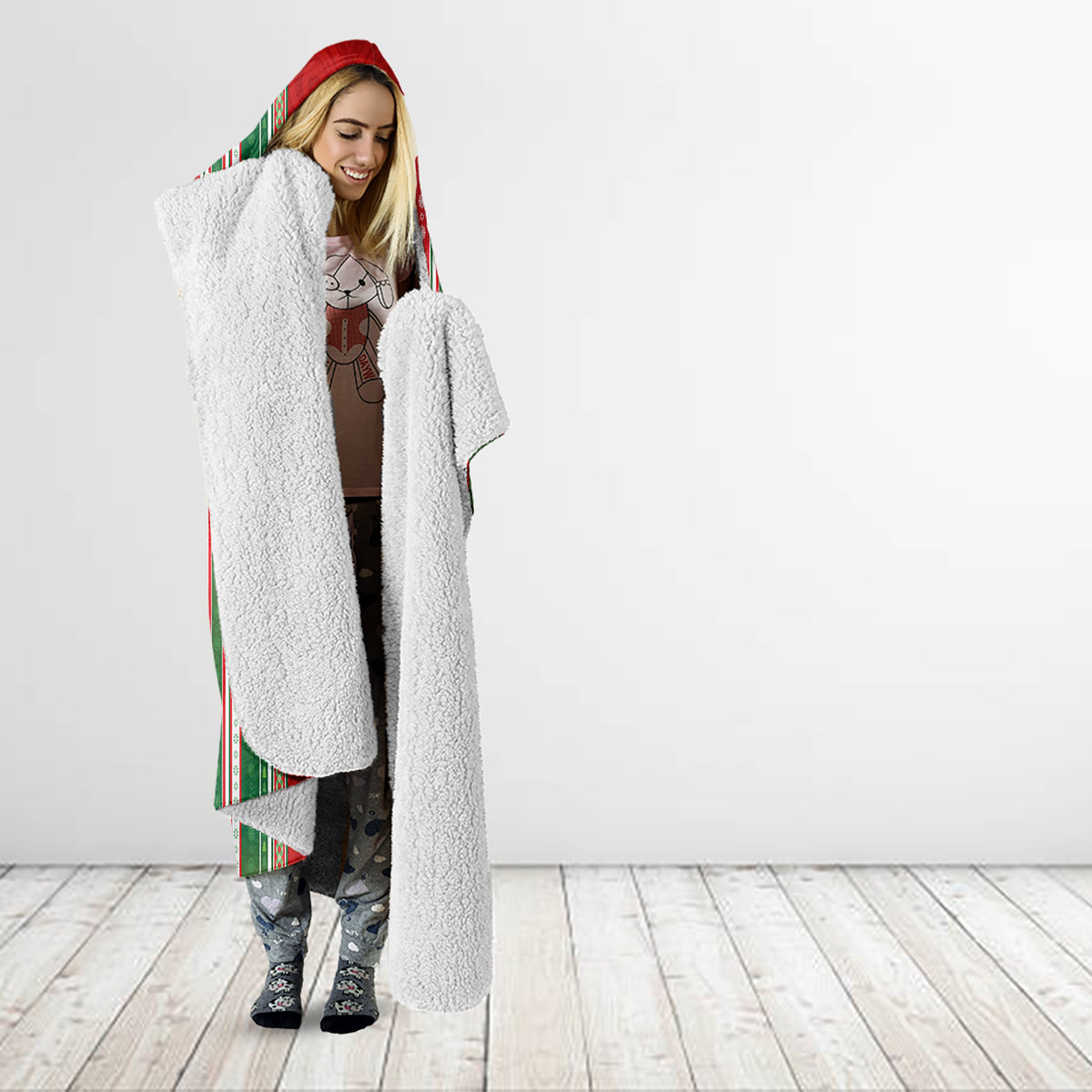 Kiribati Christmas Hooded Blanket Santa With Gift Bag Behind Ribbons Seamless Red Maori LT03 - Polynesian Pride