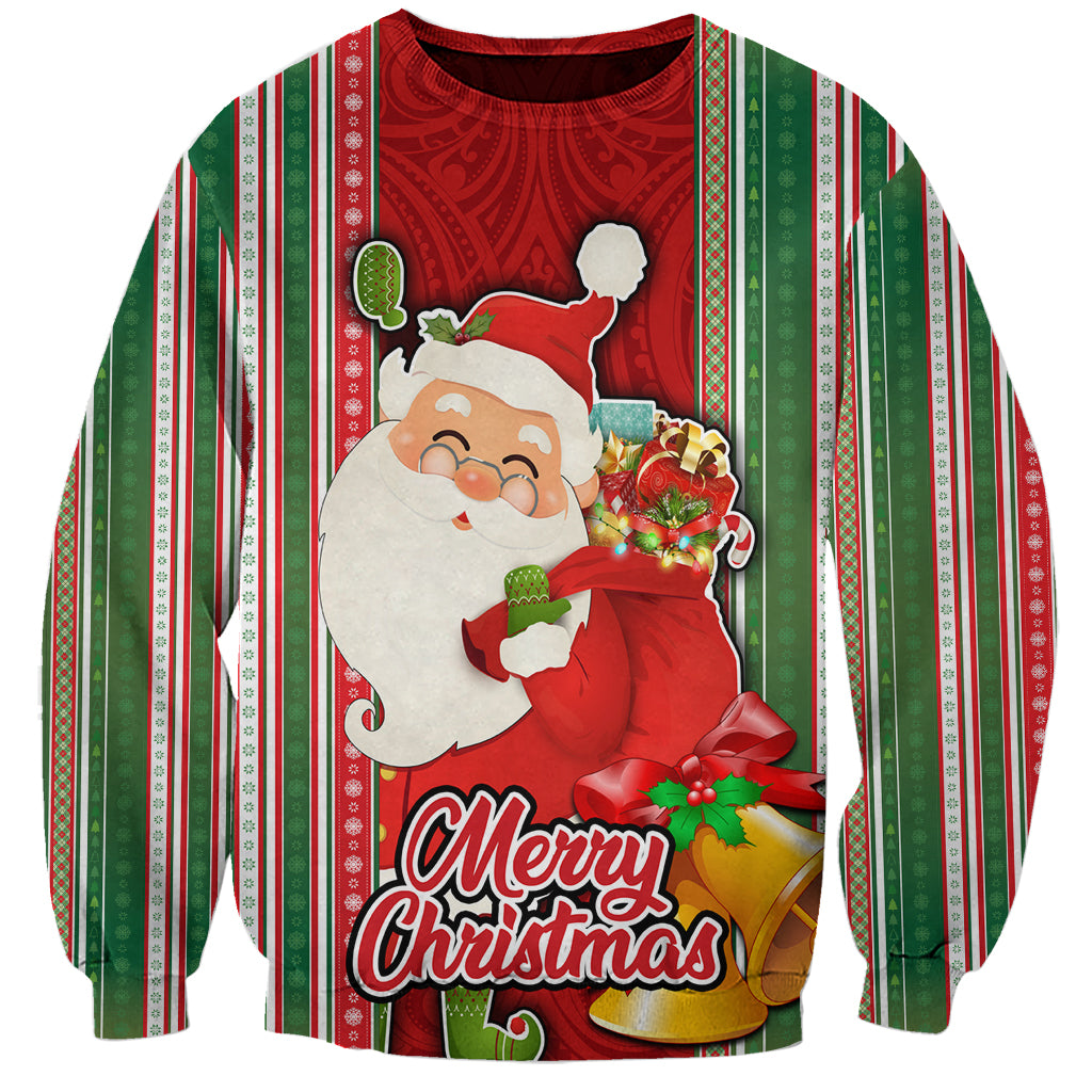 Kiribati Christmas Sweatshirt Santa With Gift Bag Behind Ribbons Seamless Red Maori LT03 Unisex Red - Polynesian Pride