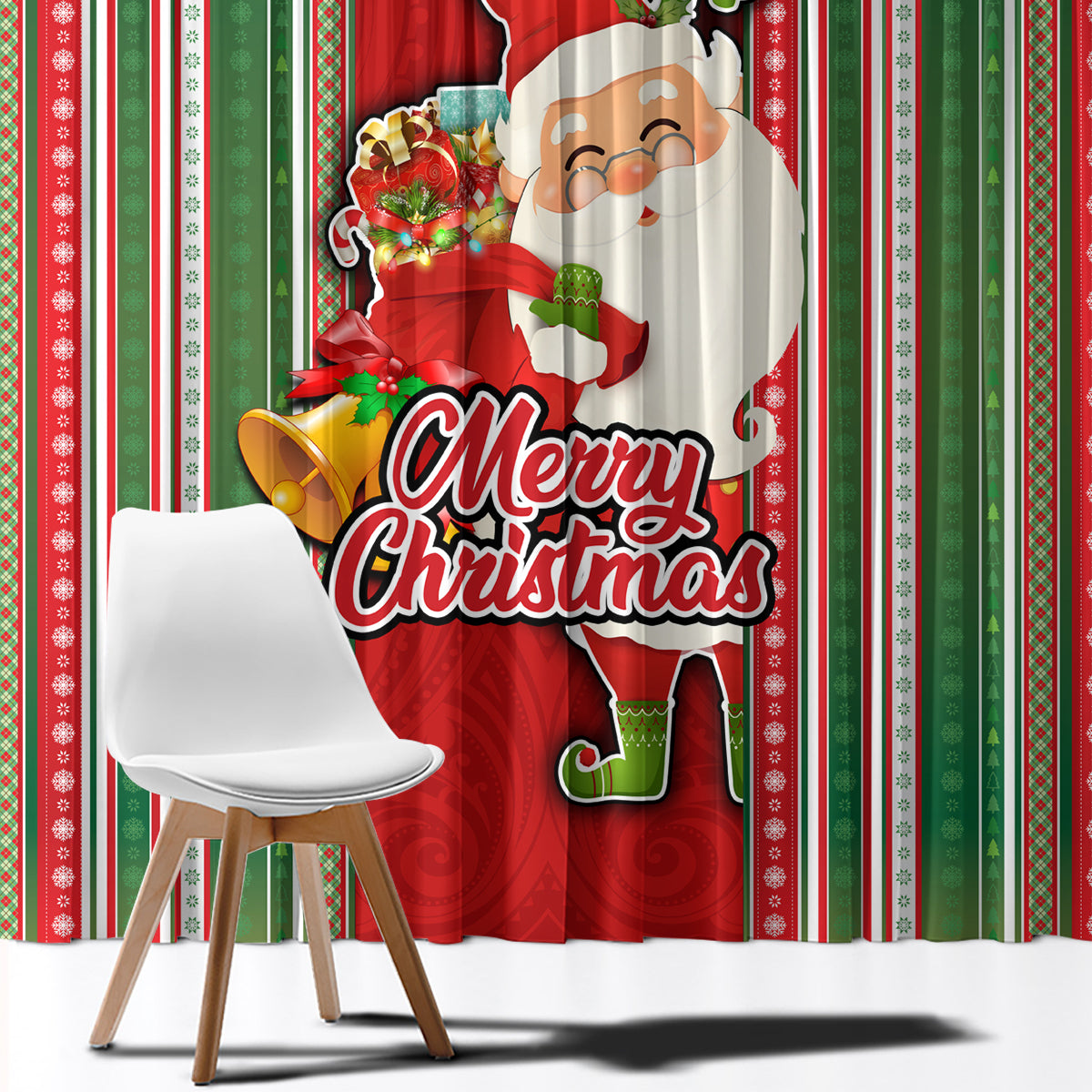 Kiribati Christmas Window Curtain Santa With Gift Bag Behind Ribbons Seamless Red Maori LT03 - Polynesian Pride