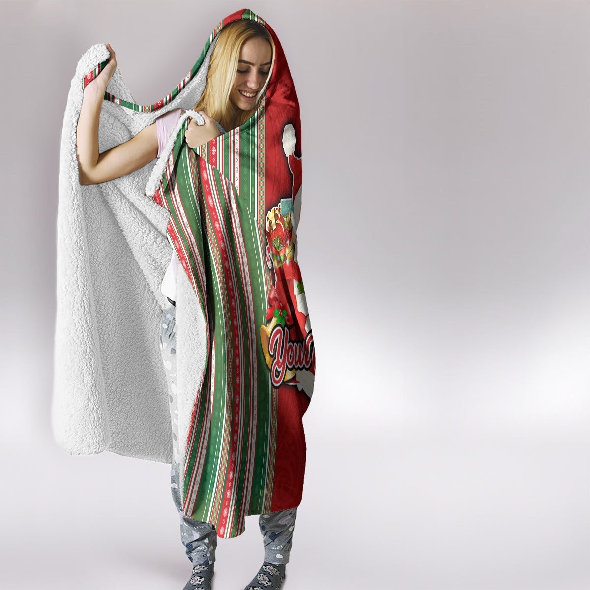Custom Kiribati Christmas Hooded Blanket Santa With Gift Bag Behind Ribbons Seamless Red Maori LT03 - Polynesian Pride