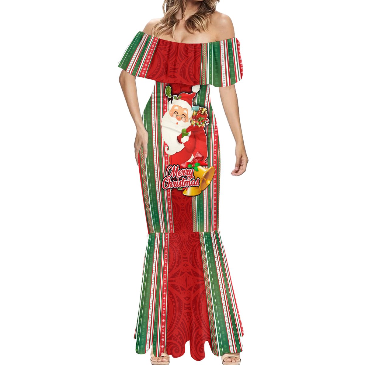 Custom Kiribati Christmas Mermaid Dress Santa With Gift Bag Behind Ribbons Seamless Red Maori LT03 - Polynesian Pride