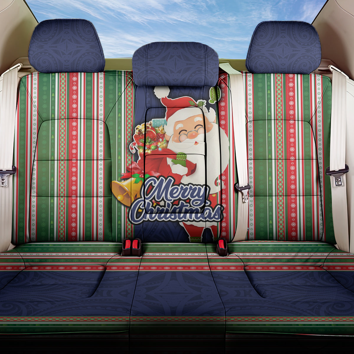 Kiribati Christmas Back Car Seat Cover Santa With Gift Bag Behind Ribbons Seamless Blue Maori LT03 One Size Blue - Polynesian Pride